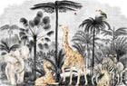 Design B030 — Papier peint Safari gravure noir blanc animaux en couleur — Novomur