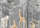 Design B031 — Papier peint Safari foret brumeuse arbres blancs gris — Novomur