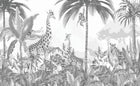 Design B034 — Papier peint Safari gravure monochrome gris palmiers — Novomur