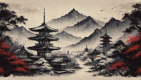 Échantillon, Design F0169, Papier peint panoramique Asie Encre Noire Pagode - Sur mesure