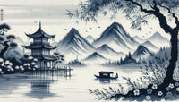 Échantillon, Design F0193, Papier peint panoramique Asie Encre Bleue - Sur mesure