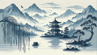 Échantillon, Design F0241, Papier peint panoramique Asie Encre Bleue - Sur mesure