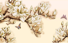 Design L0467 — Papier peint Magnolias blancs et papillon fond beige — Novomur
