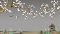 Échantillon, Design L0506, Papier peint panoramique Magnolia & Oiseaux - Collection 3 - Sur mesure