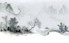 Design L0945 — Papier peint Paysage encre riviere brumeuse cabane — Novomur