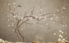 Design L1068 — Papier peint Prunier fleurs roses oiseaux fond taupe — Novomur
