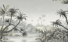 Design SD0032 — Palmier Tropical Vert - Collection 4 — Paysage tropical gris sépia gravure vintage — papier peint sur mesure Novomur