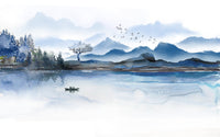 Échantillon, Design SD0489, Papier peint panoramique Asie Encre Bleue - Sur mesure