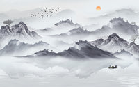 Échantillon, Design SK0087, Papier peint panoramique Asie Encre Noire Montagne - Sur mesure