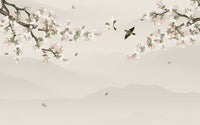 Échantillon, Design SK0111, Papier peint panoramique Cerisier, Oiseaux et Montagnes Brumeuses - Sur mesure