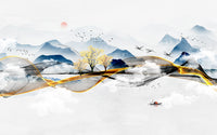 Échantillon, Design SK0133, Papier peint panoramique Asie Encre Bleue - Sur mesure