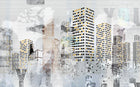 Design SL0022 — Papier peint Gratte-ciel street art jaune fond gris — Novomur