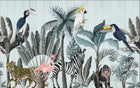 Design SL0029 — Papier peint Jungle moderne animaux exotiques fond bois bleu — Novomur
