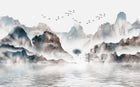 Design SL0032 — Papier peint Paysage encre bleu marron montagnes lac — Novomur