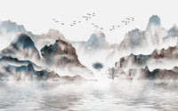 Échantillon, Design SL0032, Papier peint panoramique Asie Encre Bleue - Sur mesure