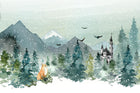 Design SL0111 — Papier peint Paysage hivernal renard chateau sapins — Novomur
