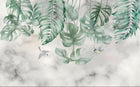 Design SL0173 — Papier peint Monstera cascade oiseaux fond marbre — Novomur