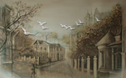 Design SL0292 — Papier peint Rue europeenne vintage pigeons brume — Novomur
