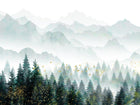 Design SL0329 — Papier peint Foret pins brumeuse oiseaux dores — Novomur
