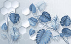 Design SL0333 — Papier peint Monstera bleue hexagones fond blanc — Novomur