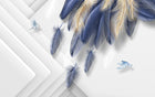 Design SL0447 — Papier peint Plumes bleues dorees triangles fond blanc — Novomur