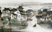 Échantillon, Design SL0506, Papier peint panoramique Asie Encre Noire Pagode - Sur mesure