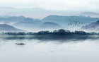 Design SL0628 — Papier peint Paysage encre bleue pastel lac barque — Novomur