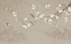 Design SL0660 — Papier peint Cerisier blanc oiseaux fond beige montagnes — Novomur