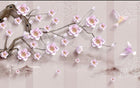 Design SL0672 — Papier peint Cerisier rose oiseaux dores relief beige — Novomur