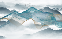 Échantillon, Design SL0715, Papier peint panoramique Asie Encre Bleue - Sur mesure