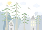 Design SL0840 — Papier peint Sapins maisons oiseaux scandinave enfant — Novomur