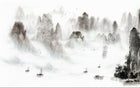 Design ZX0322 — Papier peint Paysage karstique encre noir barques — Novomur