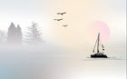 Design ZX0418 — Papier peint Voilier lac sapins coucher soleil pastel — Novomur
