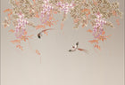 Design ZX0471 — Papier peint Glycine cascade rose oiseaux beige — Novomur