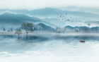 Design ZX0481 — Papier peint Paysage encre bleue lac arbres brumeux — Novomur