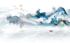 Design ZX0658 — Papier peint Paysage encre fluide bleu soleil orange — Novomur