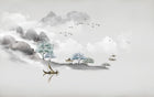 Design ZX0681 — Papier peint Paysage encre pavillons voiliers turquoise — Novomur