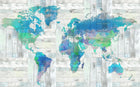 Design ZX0797 — Papier peint Carte monde aquarelle bleu fond bois (sur fiche SK0450) — Novomur