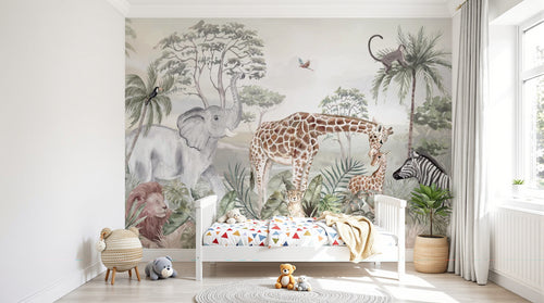Design B007 — Papier peint Savane africaine acacias et animaux — Novomur