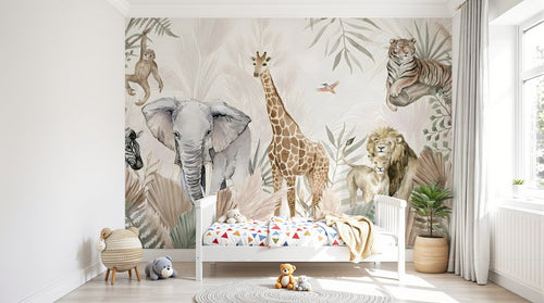 Design B009 — Papier peint Safari pastel rose et sauge animaux varies — Novomur