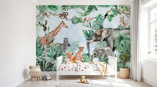 Design B011 — Papier peint Safari jungle vert vif animaux nombreux — Novomur