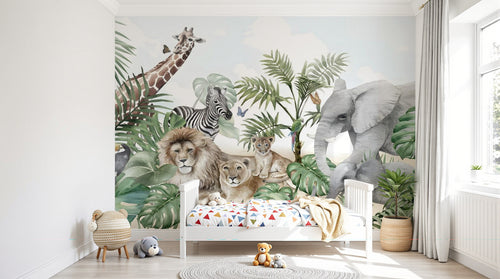 Design B013 — Papier peint Safari panoramique familles animaux — Novomur