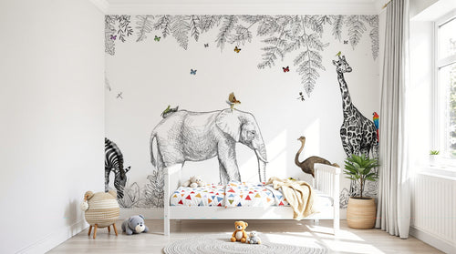 Design B018 — Papier peint Safari sketchbook noir blanc touches couleur — Novomur