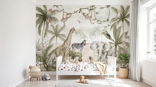 Design B020 — Papier peint Safari aquarelle palmiers lianes pastel — Novomur
