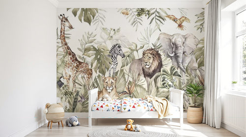 Design B024 — Papier peint Safari aquarelle vert sauge animaux multiples — Novomur