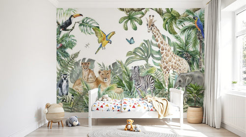 Design B025 — Papier peint Safari aquarelle ara bleu et monstera — Novomur