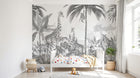Design B034 — Papier peint Safari gravure monochrome gris palmiers — Novomur