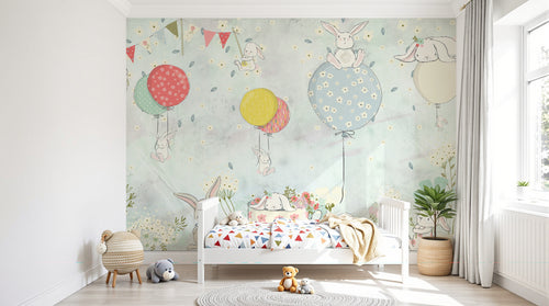 Design FC335 — Papier peint Lapins ballons aquarelle enfant — Novomur
