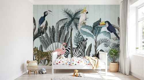 Design SL0029 — Papier peint Jungle moderne animaux exotiques fond bois bleu — Novomur