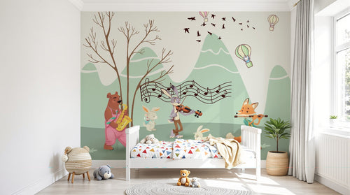 Design SL0205 — Papier peint Animaux musiciens montgolfieres montagne — Novomur